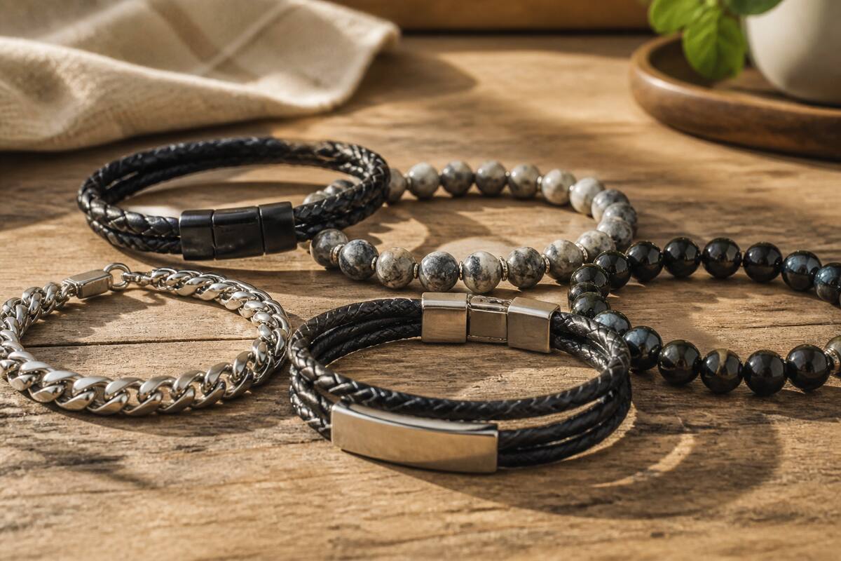 Armbanden in verschillende stijlen en materialen op een houten ondergrond bij natuurlijk licht