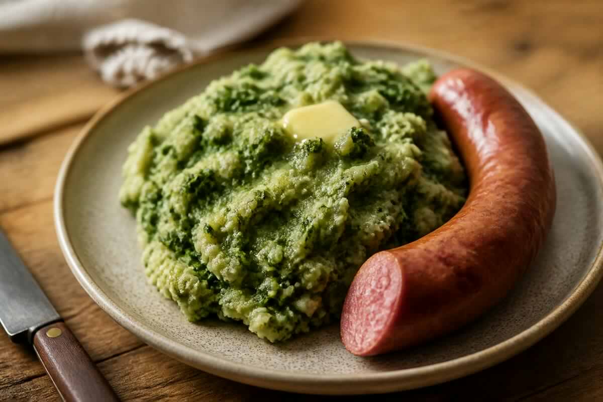 Boerenkoolstamppot met rookworst op een houten tafel, bij daglicht gefotografeerd