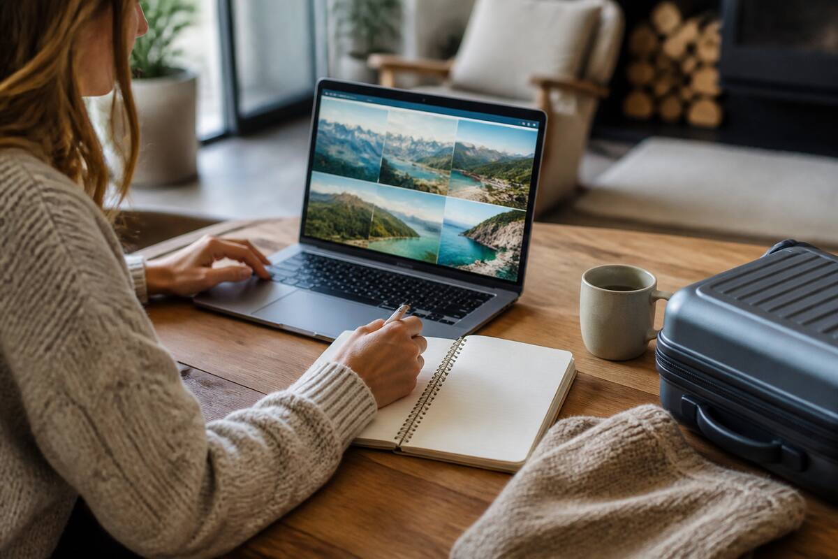 Iemand vergelijkt vakanties op een laptop met een checklist op tafel