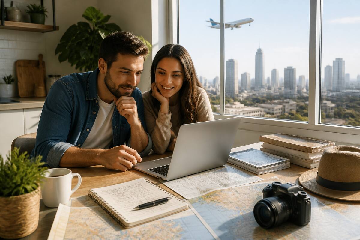 Reisnotities en laptop voor het vergelijken van vakantieprijzen en voorwaarden