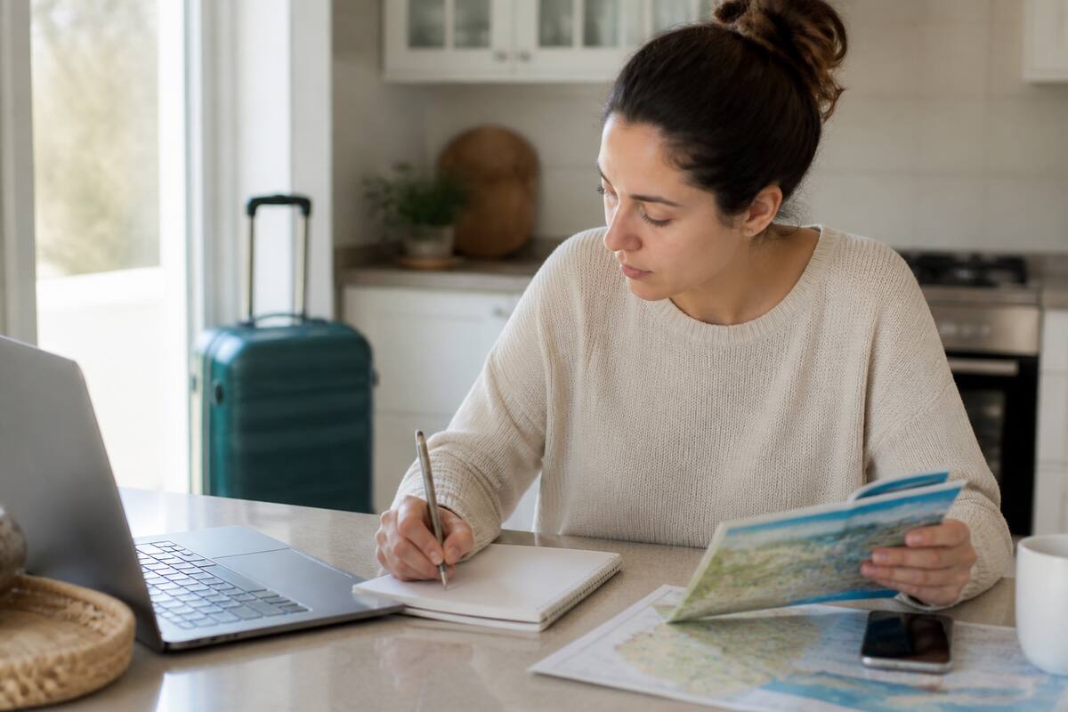 Persoon die vakanties vergelijkt op laptop met een notitieboek en reisbenodigdheden