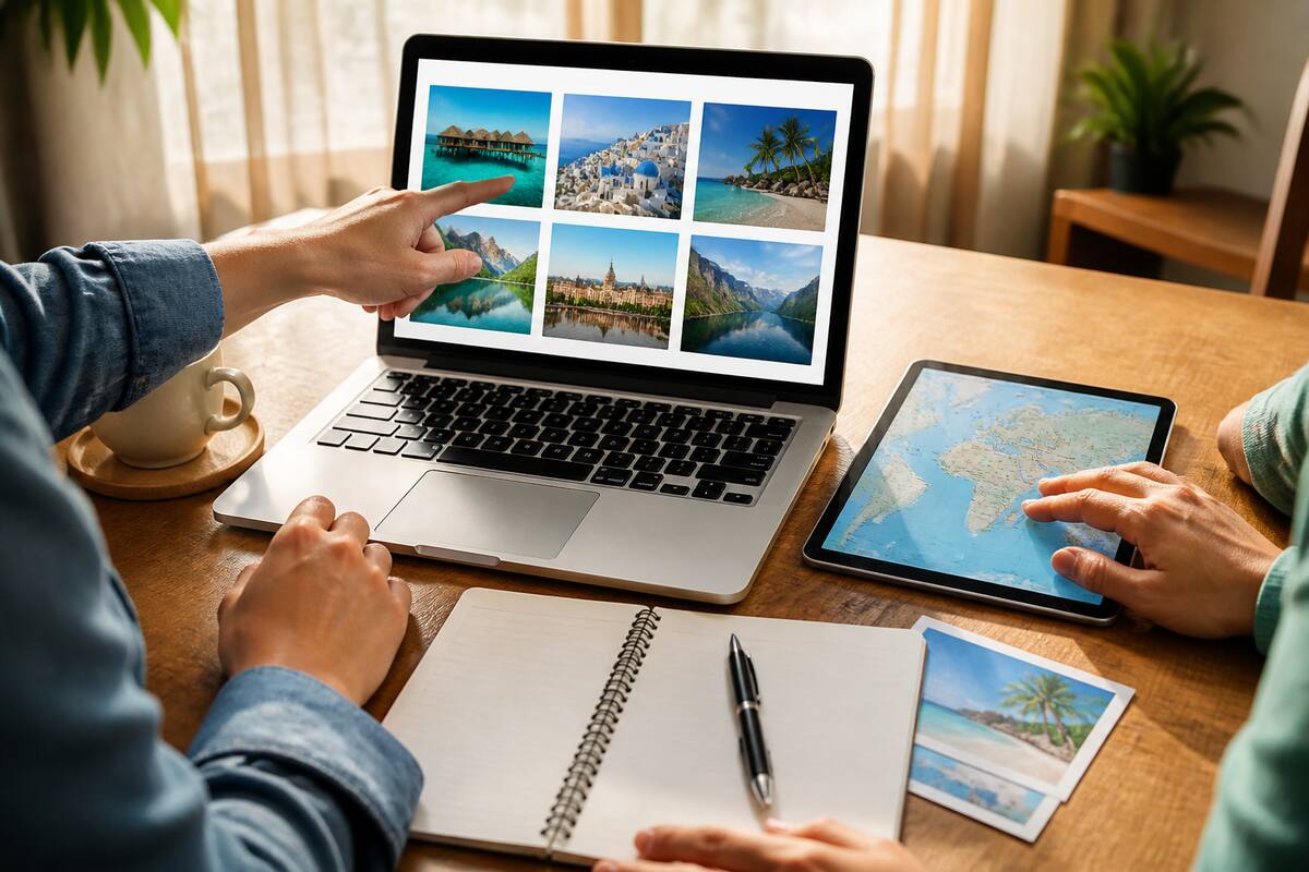 Vakanties vergelijken met laptop en reisnotities, voor het maken van een shortlist