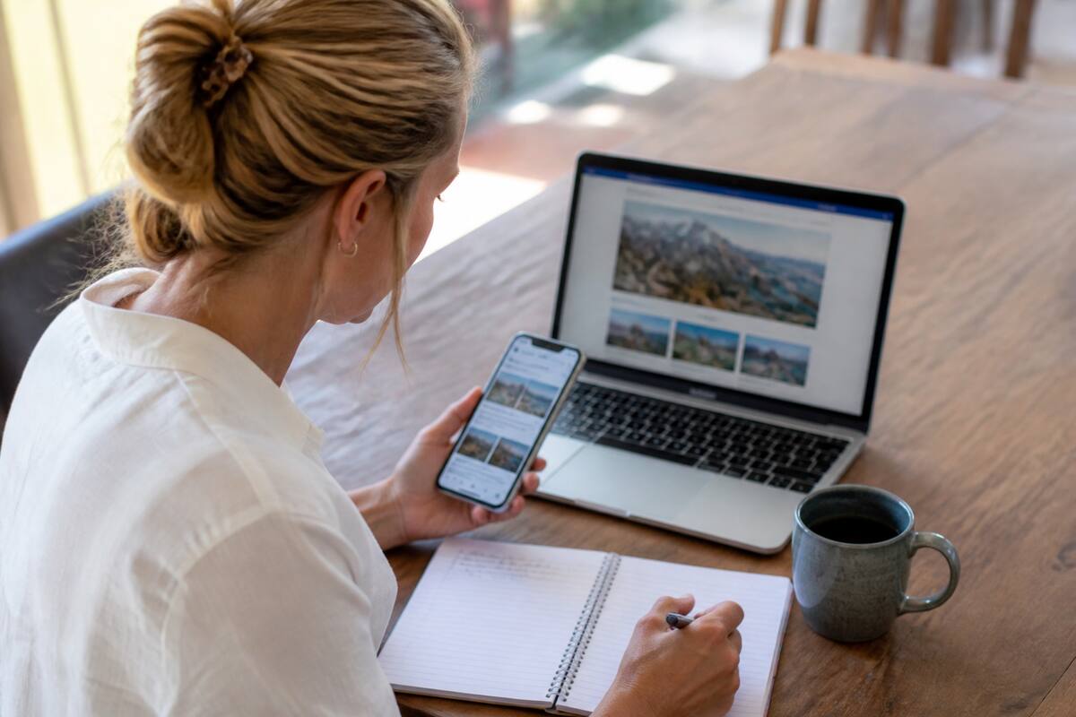 Iemand vergelijkt vakanties op laptop en telefoon met een checklist op tafel