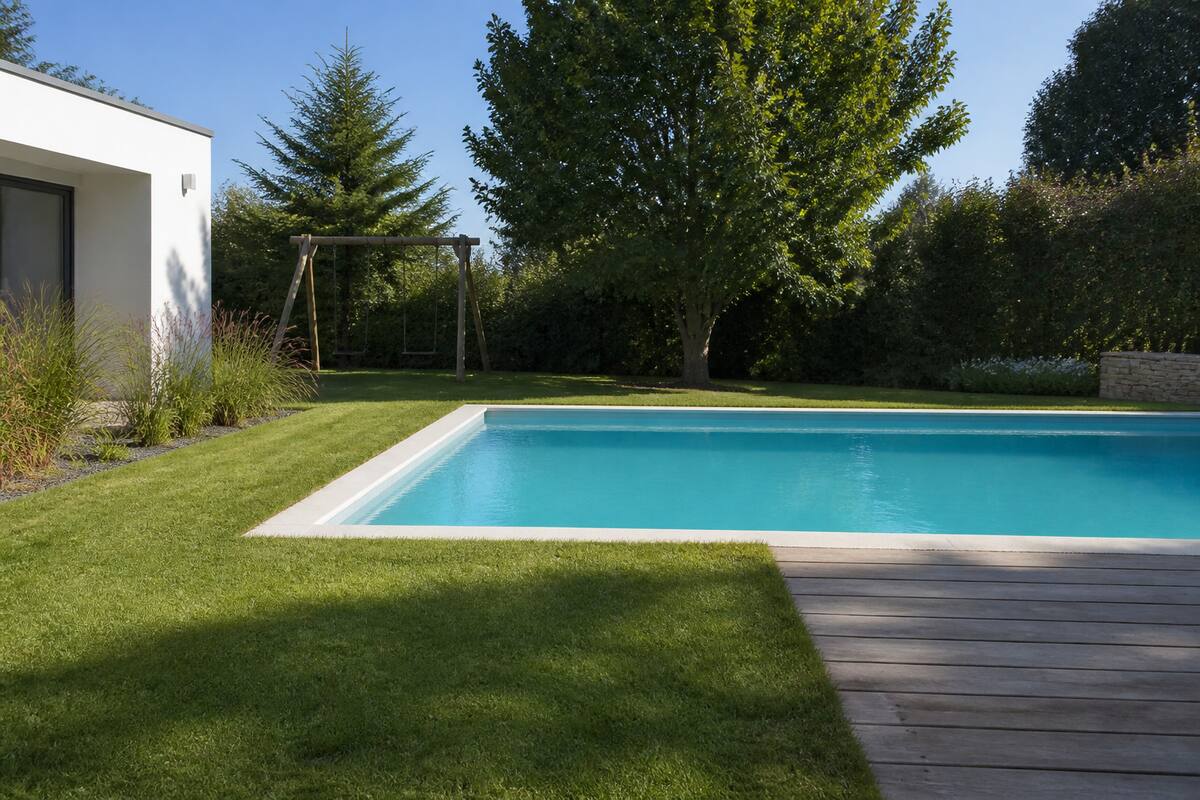 Een modern zwembad in een verzorgde tuin met terras en gras, bij daglicht