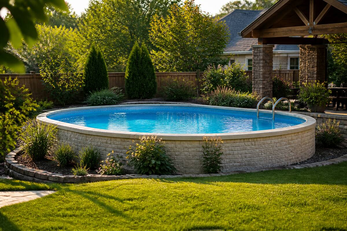 Een modern zwembad in een tuin met helder blauw water en natuurlijke beplanting