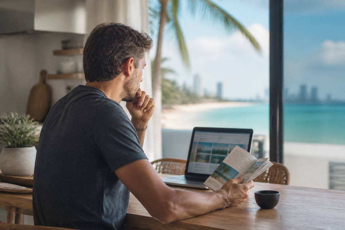 Iemand die met laptop en reisgids vakantieopties vergelijkt aan een keukentafel