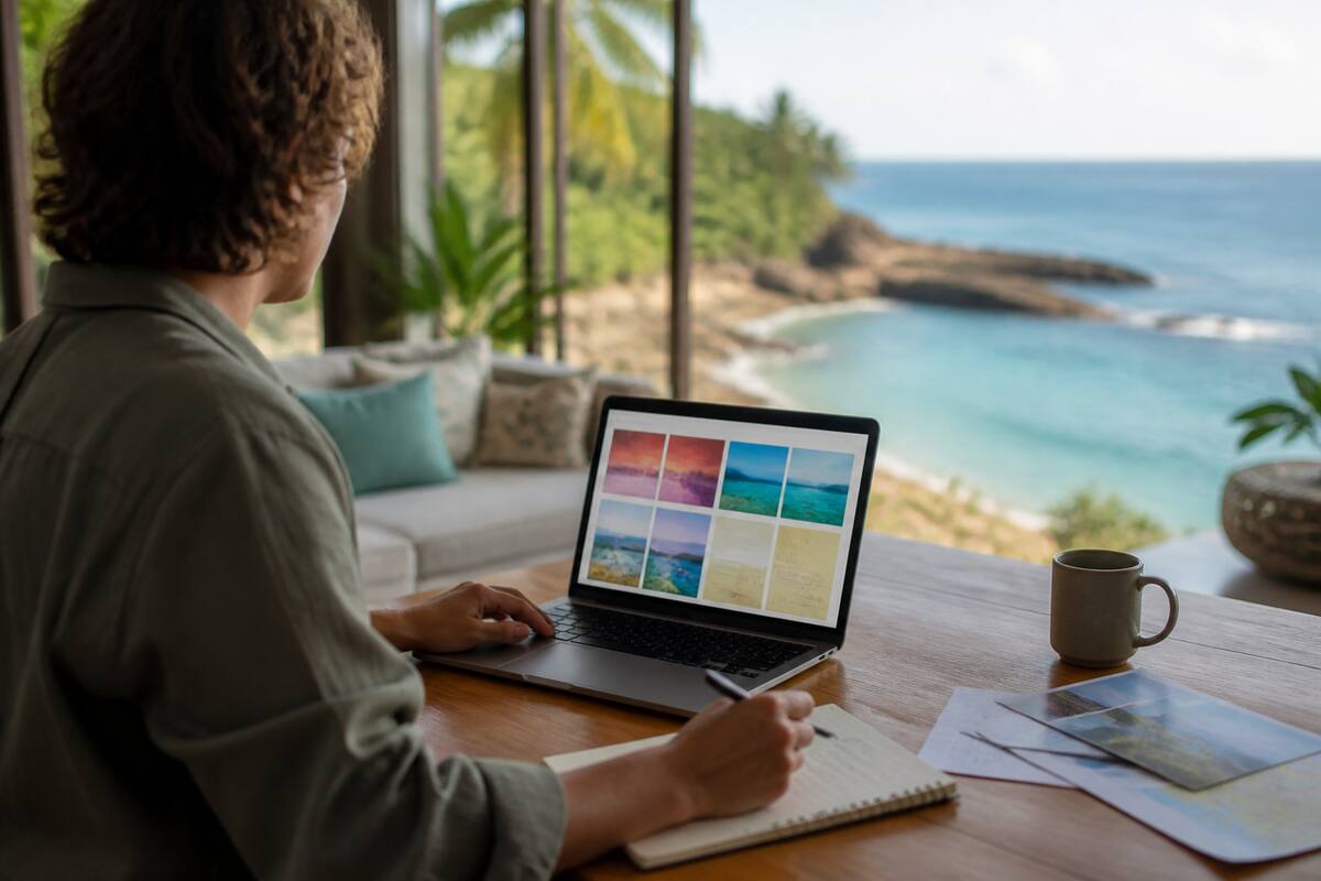 Reizen vergelijken op een laptop met notities aan een tafel