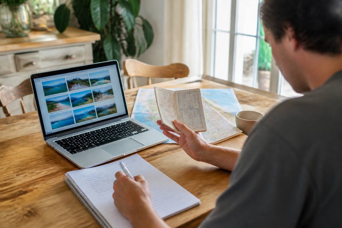 Thuis reisopties vergelijken op een laptop met notitieboekje en pen, natuurlijk daglicht