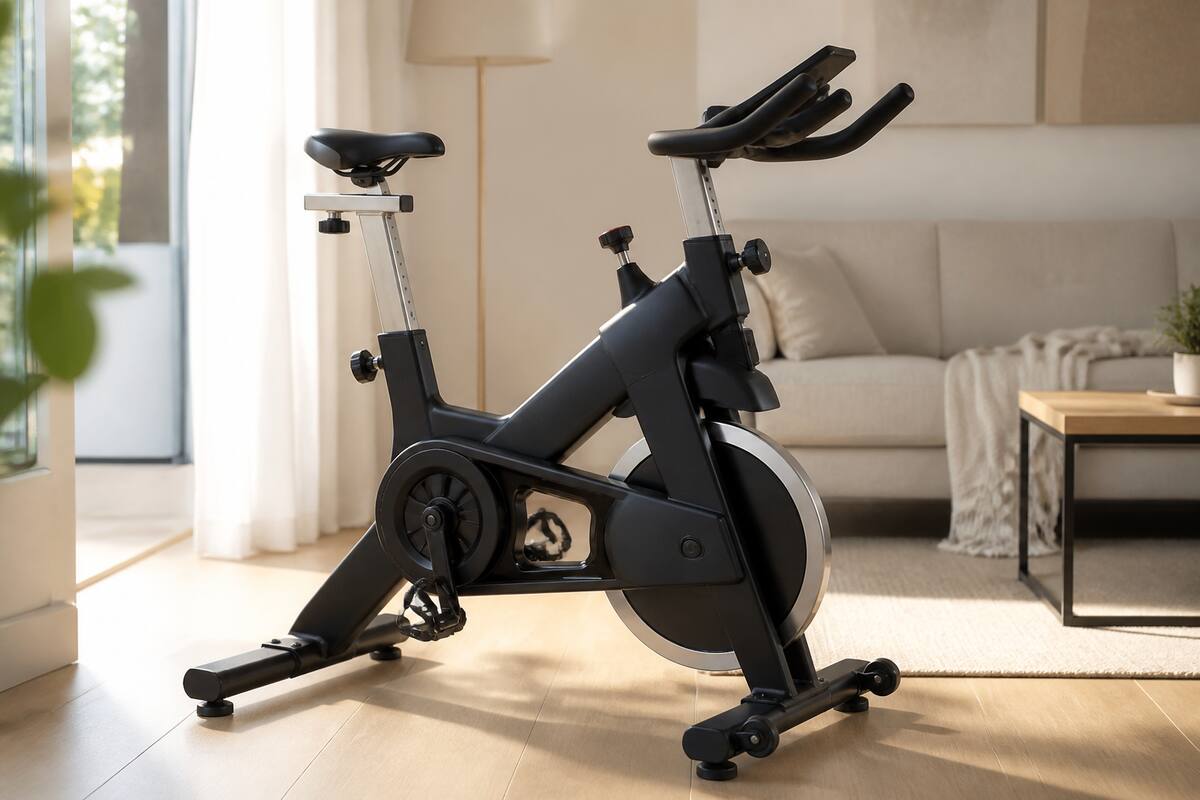 Realistische indoor spinning bike in een lichte ruimte, geschikt voor thuistraining